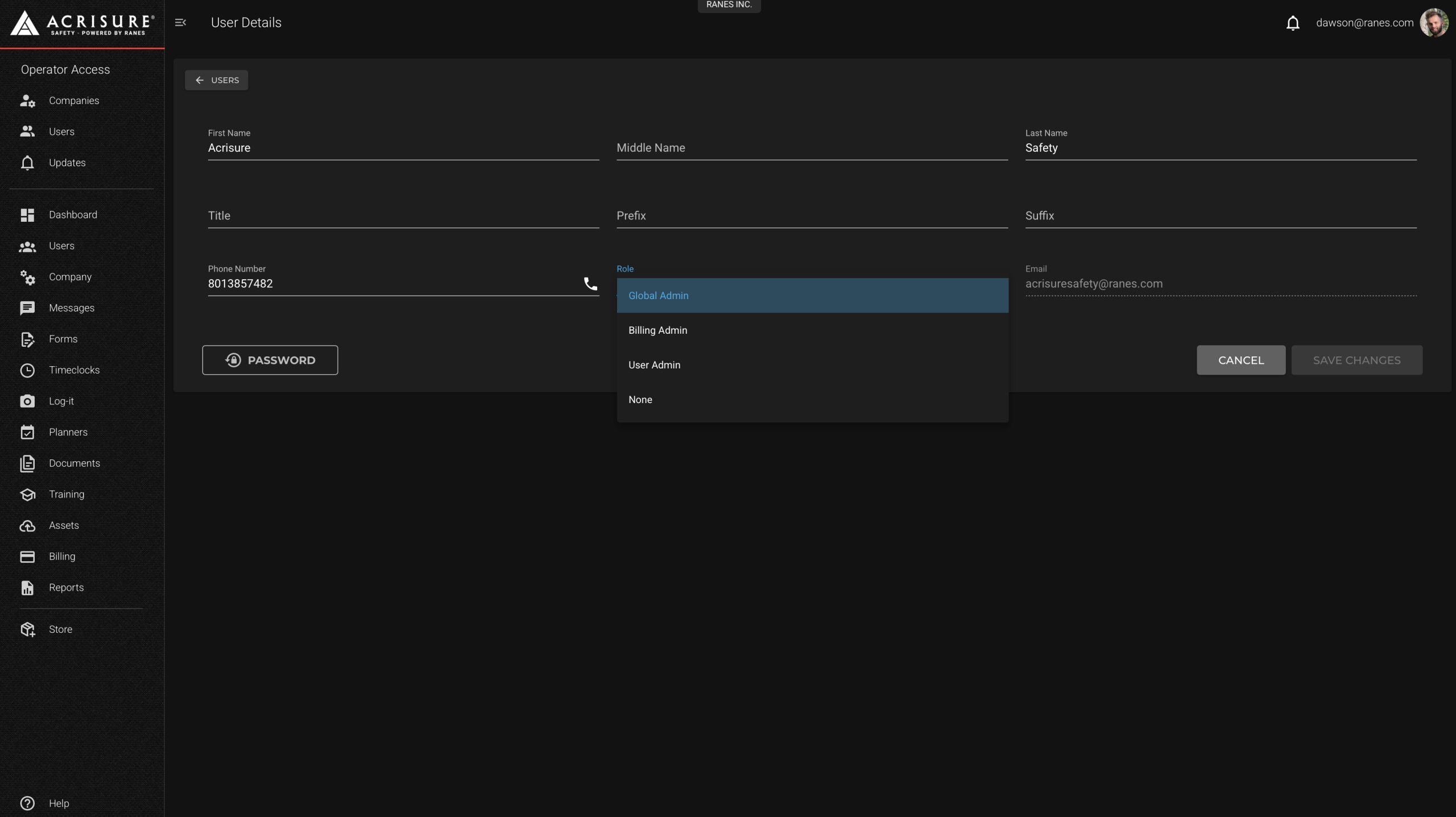 Change User Role Screen